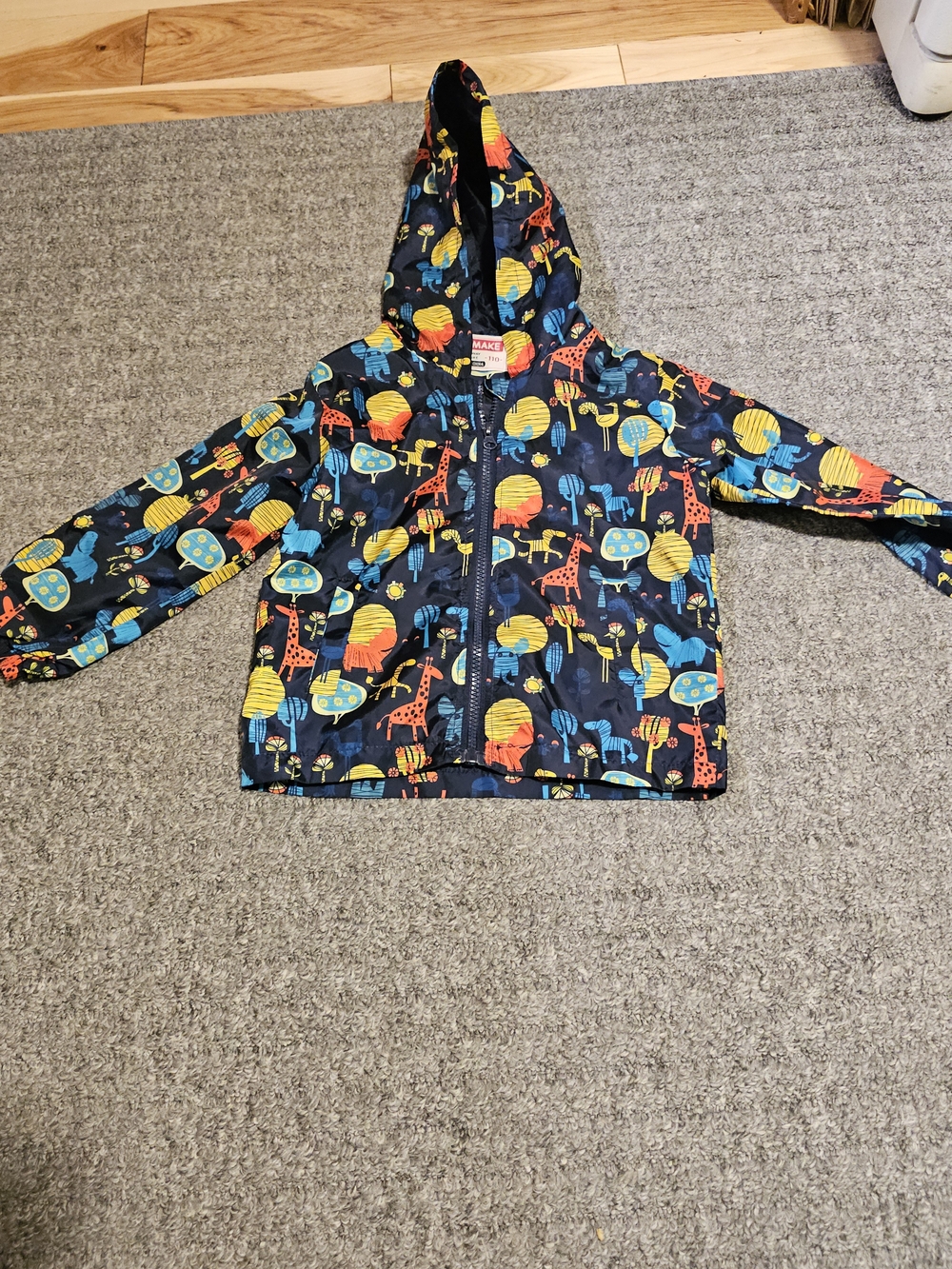 Kids Hooded Windbreaker with Colorful Safari Print - Navy